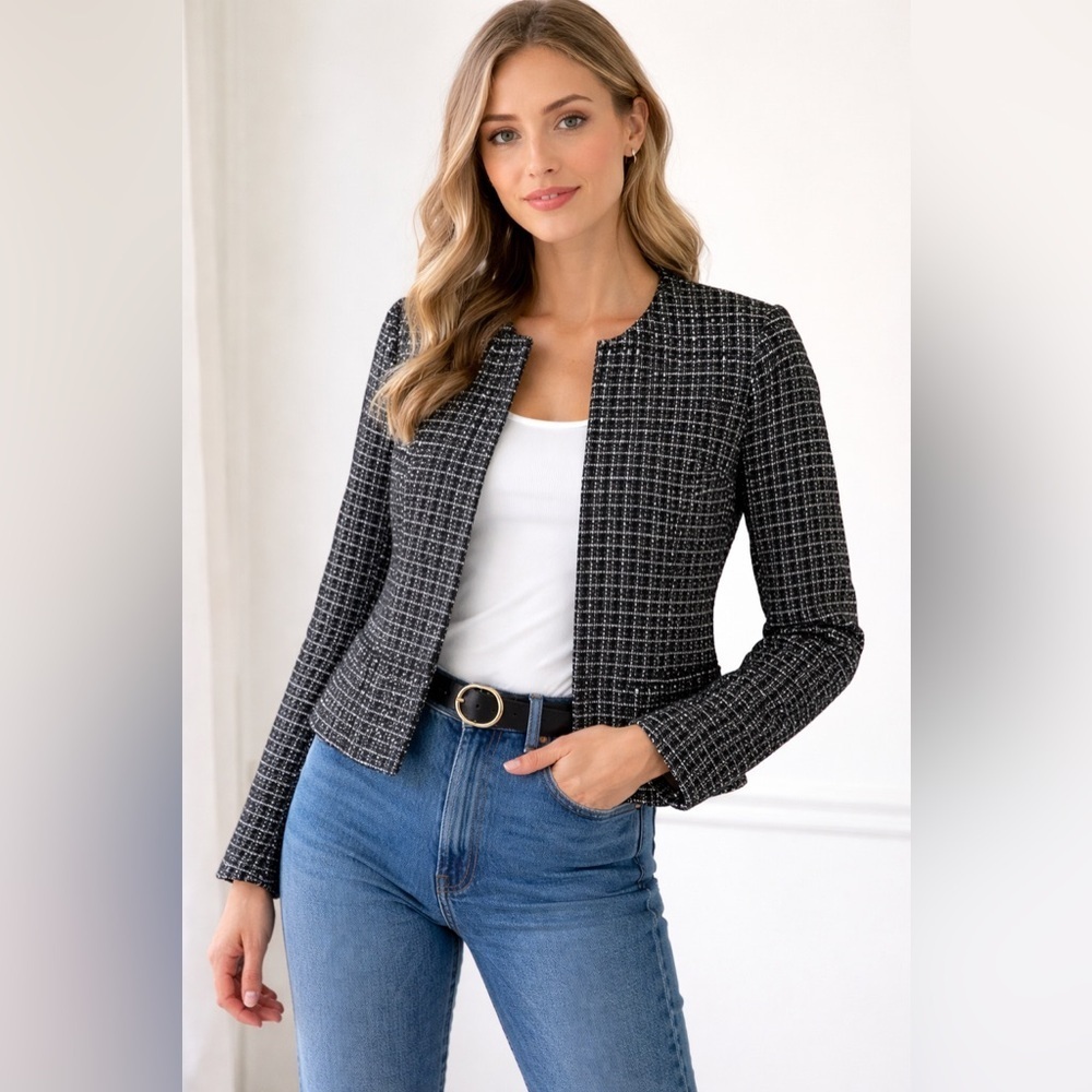 J.Crew Black & White Tweed Open Front Jacket Size 2